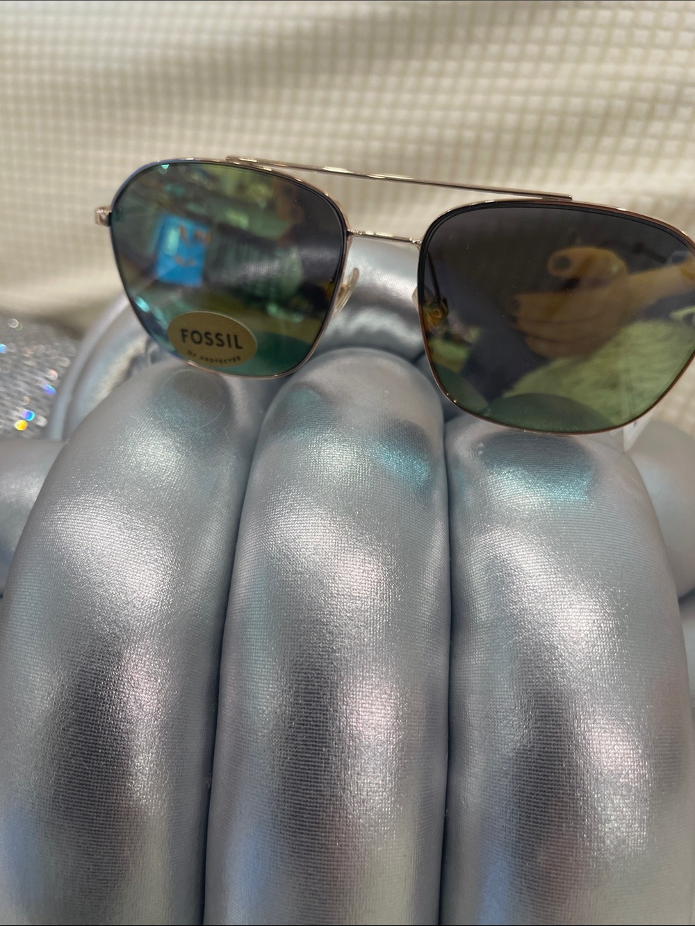 🆕 Fossil Gold Metal Aviator Sunglasses with Green Reflective Lenses